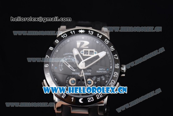 Ulysse Nardin Executive Dual Time & Big Date Asia ST25 Automatic Steel Case Black Dial White Markers and Black Rubber Strap - Click Image to Close